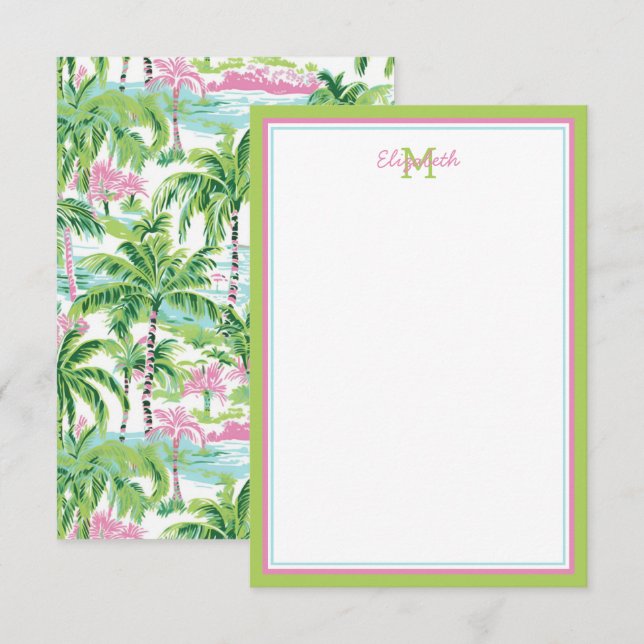 Tarjeta Pequeña Árbol de palmas tropicales verde y rosa precoz (Anverso / Reverso)