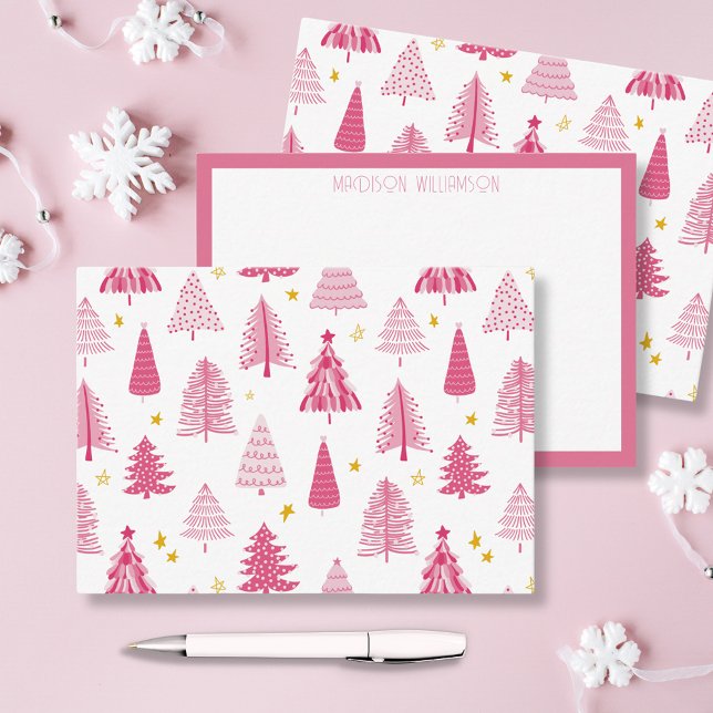 Tarjeta Pequeña Árbol de vacaciones de Navidades rosados (Pink personalized Christmas holiday notecards in woodland forest illustration. )