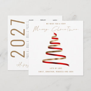 Tarjeta Pequeña Árbol Rojo Dorado Calendario 2027 Feliz Navidad