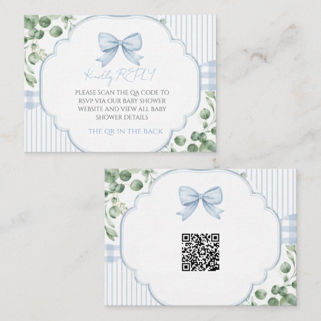 Tarjeta Pequeña Arco azul de Gingham Verde Código QR RSVP (Anverso / Reverso)