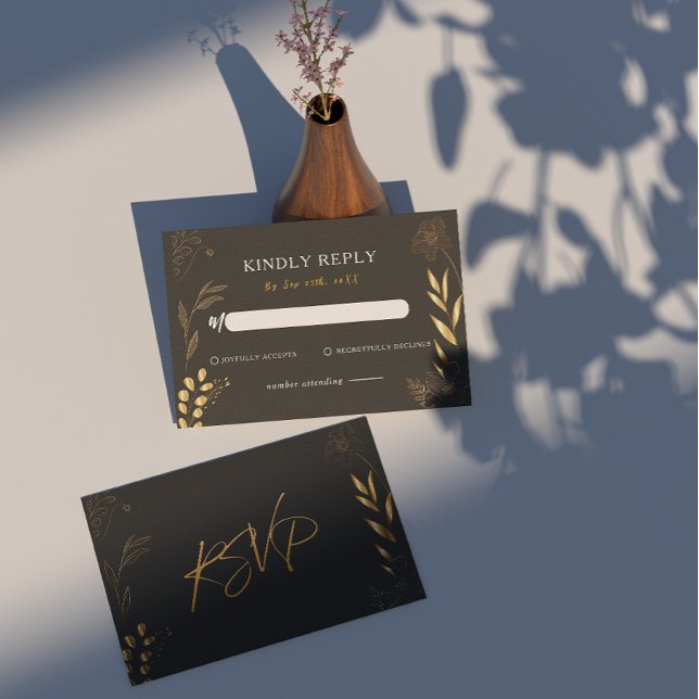 Tarjeta Pequeña Art Deco Black Gold Floral Elegante Boda RSVP (Black and Gold RSVP card)