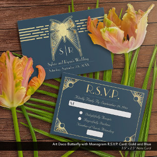 Tarjeta Pequeña Art Deco Mariposa Azul Oro RSVP