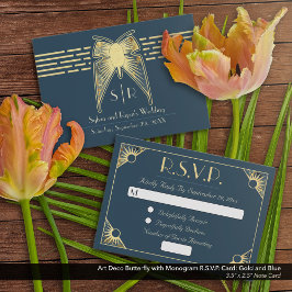 Tarjeta Pequeña Art Deco Mariposa Azul Oro RSVP