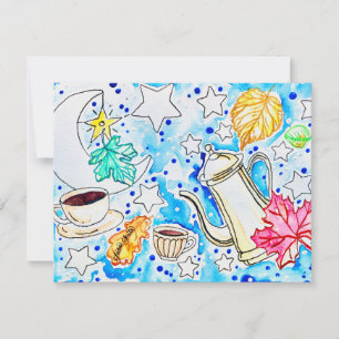 Tarjeta Pequeña Arte de café con hojas de otoño