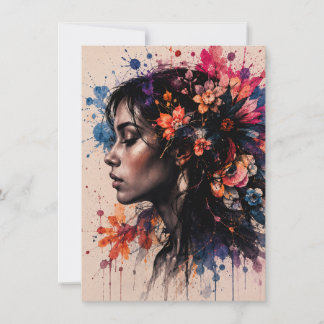 Tarjeta Pequeña Arte Floral Acuarela Colorida Mujer Artística