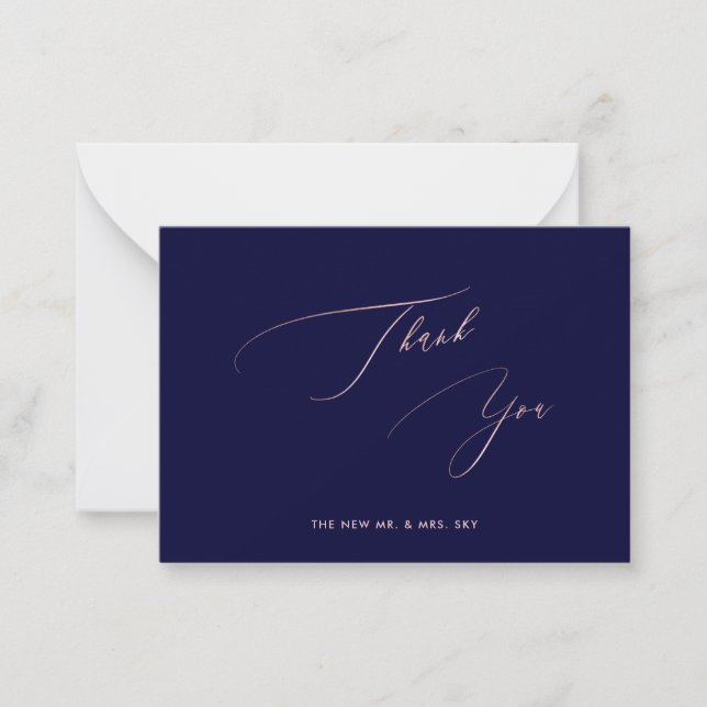 Tarjeta Pequeña ArtsApp Navy Rosa Gold Luxe Caligraphy Gracias (Anverso)