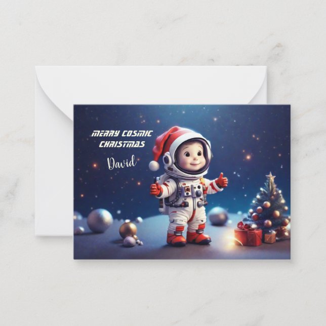 Tarjeta Pequeña Astronauta lindo celebra a Navidades en cosmos (Anverso)