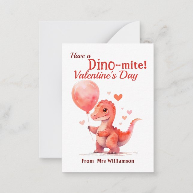 Tarjeta Pequeña Aula de Día de San Valentín Dino-Mite para niños (Anverso)