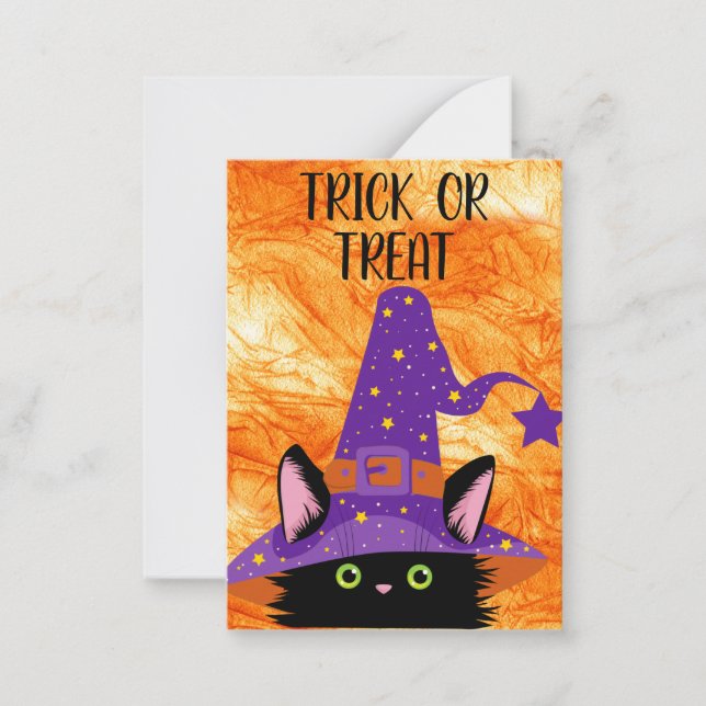 Tarjeta Pequeña Aula de Halloween, Gorra de brujas de gato negro (Anverso)