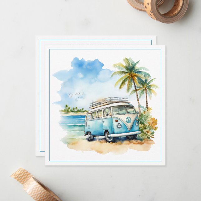Tarjeta Pequeña Autobús Azul Retro de Isla Tropical (Anverso/Reverso In Situ)