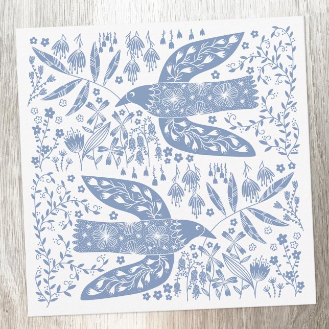 Tarjeta Pequeña Ave azul (Blue and white peace doves note card)