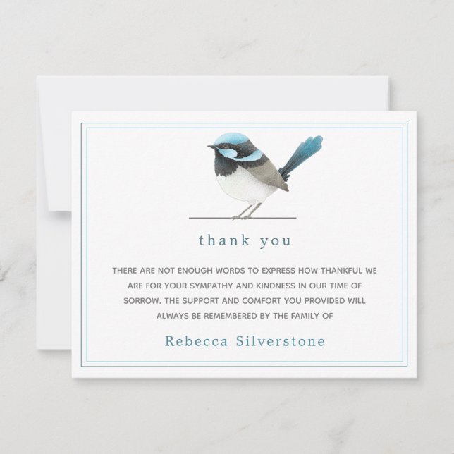 Tarjeta Pequeña Ave Azul dulce - Funeral Sencillo Elegante Gracias (Anverso)