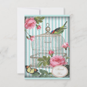 Tarjeta Pequeña Ave, jaula, mariposa y Rosas