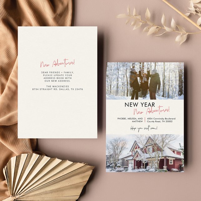 Tarjeta Pequeña Aventuras de Año Nuevo cambio de dirección en el h (Family Photo New Year Moving Announcement Note Card)