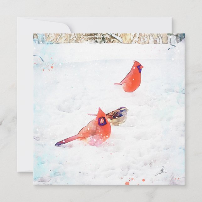 Tarjeta Pequeña Aves de invierno desde una ventana (Anverso)