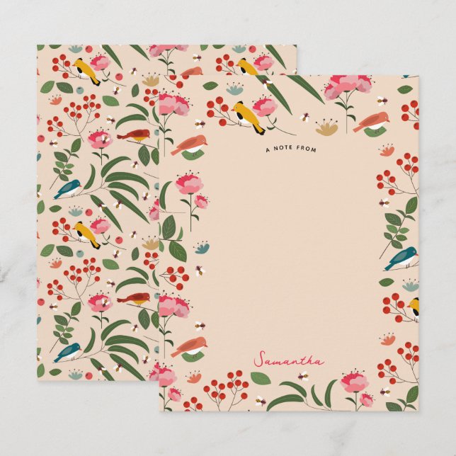 Tarjeta Pequeña Aves florales dibujadas a mano Patrón botánico de  (Anverso / Reverso)
