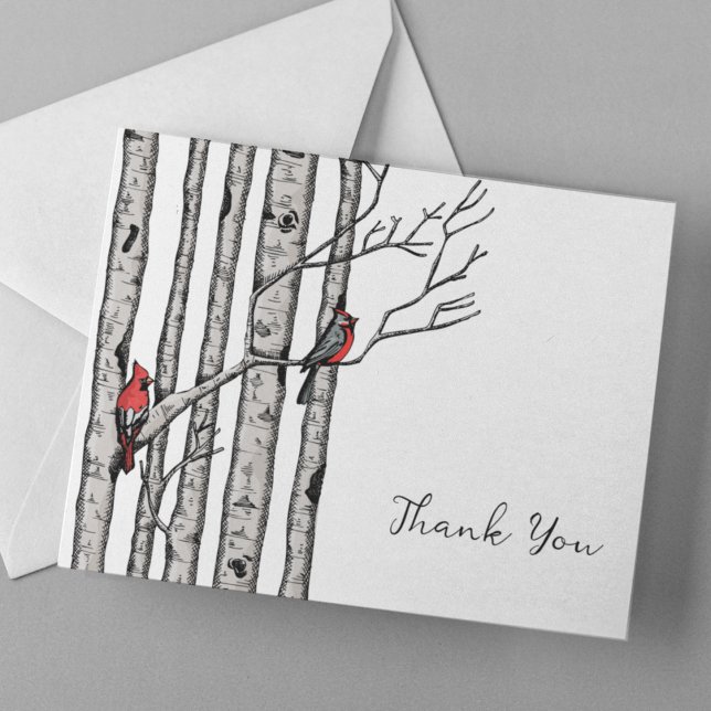 Tarjeta Pequeña Aves rojas y árboles de aves modernas gracias (Chic, Modern Hand-Drawn Cardinals Perched on Birch Branches in Black Ink with Cross-Hatch Detailing.)