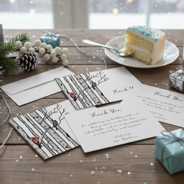 Tarjeta Pequeña Aves rojas y árboles de aves modernas gracias (Elegant Red Cardinal Bird in Winter Birch Tree Forest Thank You Note Card for Christmas & Holidays)