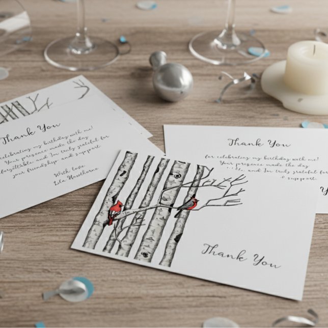 Tarjeta Pequeña Aves rojas y árboles de aves modernas gracias (Elegant Red Cardinal Bird in Winter Birch Tree Forest Thank You Note Card for Christmas & Holidays)
