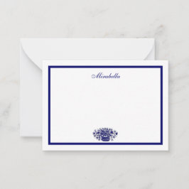 Tarjeta Pequeña Azul Blanco Flores Personalizadas Borde Azul 3.5x2