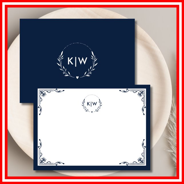 Tarjeta Pequeña Azul marino y blanco | Monograma de Iniciales Mode (Navy Blue and White | Modern Initials Monogram Note Card)