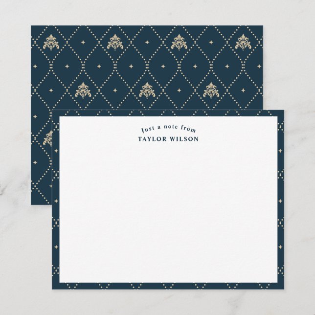 Tarjeta Pequeña Azul Marino y Damask Lattice Personalizado (Anverso / Reverso)