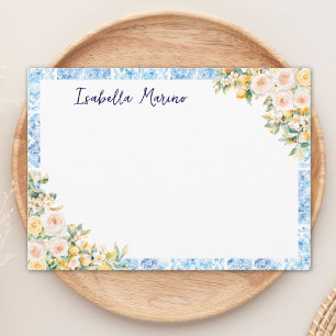 Tarjeta Pequeña Azulejos Azules Mediterráneos Florales con Monogra