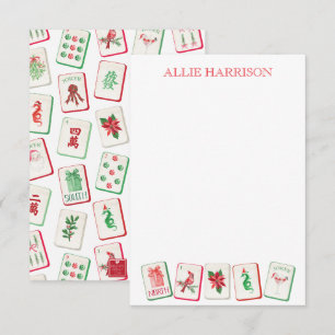 Tarjeta Pequeña Azulejos de Navidad Mahjong acuarela roja y verde