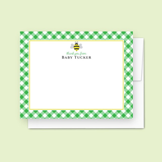 Tarjeta Pequeña Baby Bee Preppy Gingham Baby Shower Gracias (Subido por el creador)