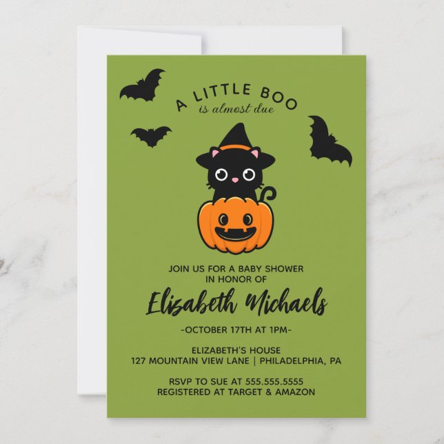 Tarjeta Pequeña BABY SHOWER | Bruja de gatos de Halloween (Anverso)