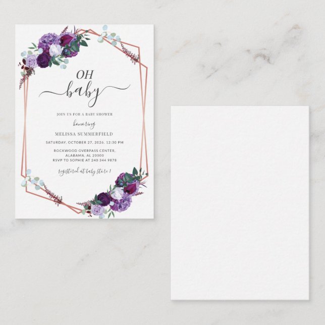 Tarjeta Pequeña Baby Shower Chica Geométrico Purple Floral Presupu (Anverso / Reverso)