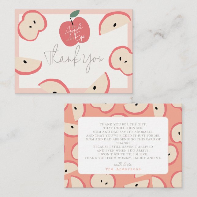 Tarjeta Pequeña Baby Shower, Chica rosa de Apple, gracias (Anverso / Reverso)