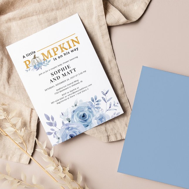 Tarjeta Pequeña Baby Shower de los niños de la calabaza azul de la (Little Pumpkin Boy Baby Shower Invitation Front and Back View)