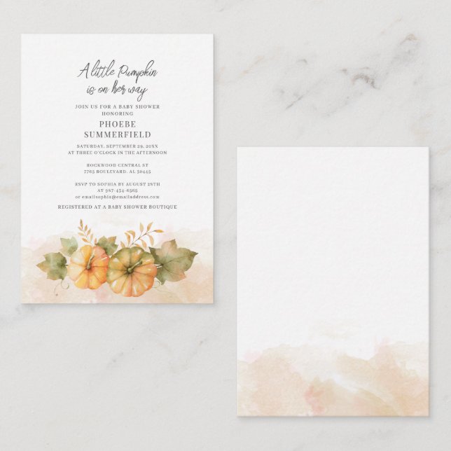 Tarjeta Pequeña Baby Shower de otoño botánico de calabaza pequeña  (Anverso / Reverso)