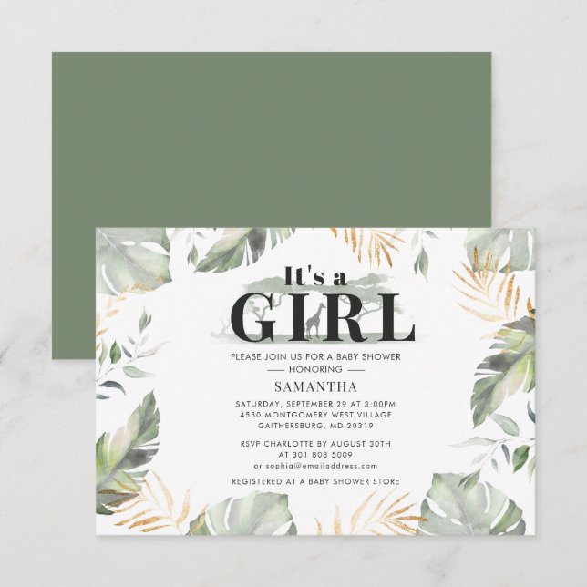 Tarjeta Pequeña Baby Shower Giraffe, Chica de Safari Selva (Anverso / Reverso)