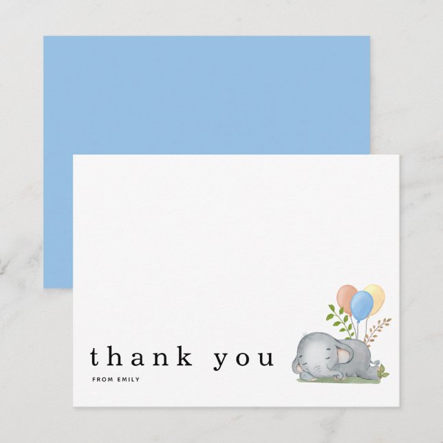 Tarjeta Pequeña Baby Shower Gracias Nombre Elefante Dormido Azul (Anverso / Reverso)