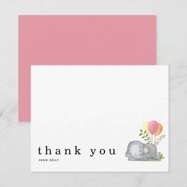 Tarjeta Pequeña Baby Shower Gracias Nombre Elefante Dormido Rosa (Anverso / Reverso)