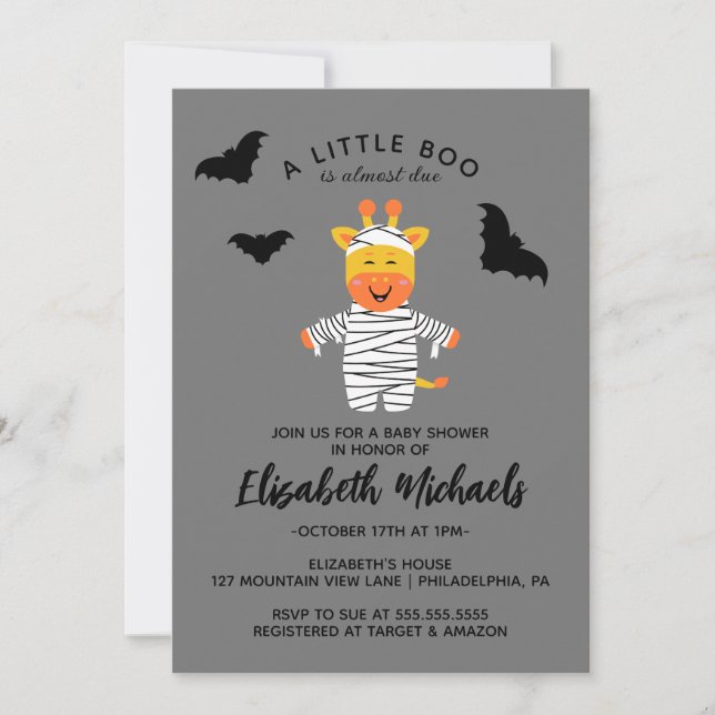 Tarjeta Pequeña BABY SHOWER | Halloween Cute Mummy Giraffe (Anverso)