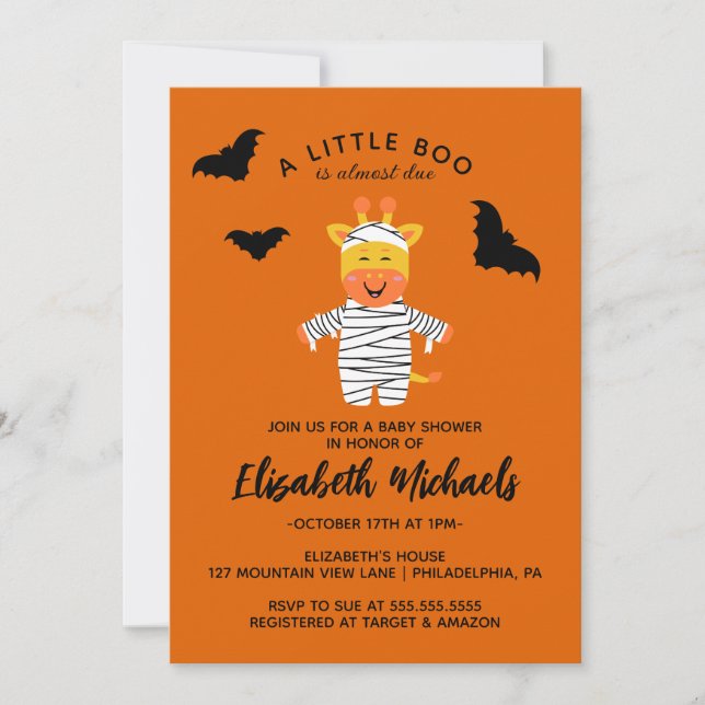 Tarjeta Pequeña BABY SHOWER | Halloween Cute Mummy Giraffe (Anverso)