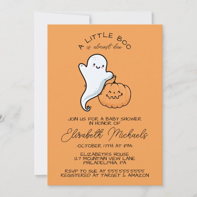 Tarjeta Pequeña BABY SHOWER | Halloween Lil' Boo Ghost & Pumpkin (Anverso)