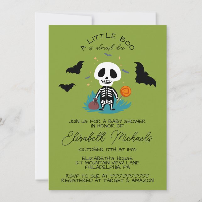 Tarjeta Pequeña BABY SHOWER | Halloween Lil' Boo Skeleton (Anverso)