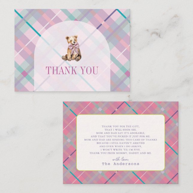Tarjeta Pequeña Baby Shower Pink Plaid Teddy Bear Gracias (Anverso / Reverso)