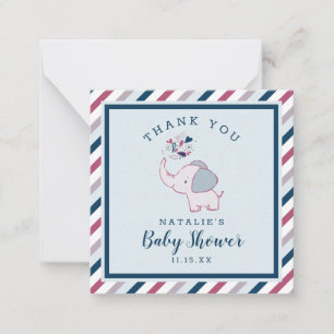 Tarjeta Pequeña Baby Shower Rosa y Marina Cute Elephant Gracias