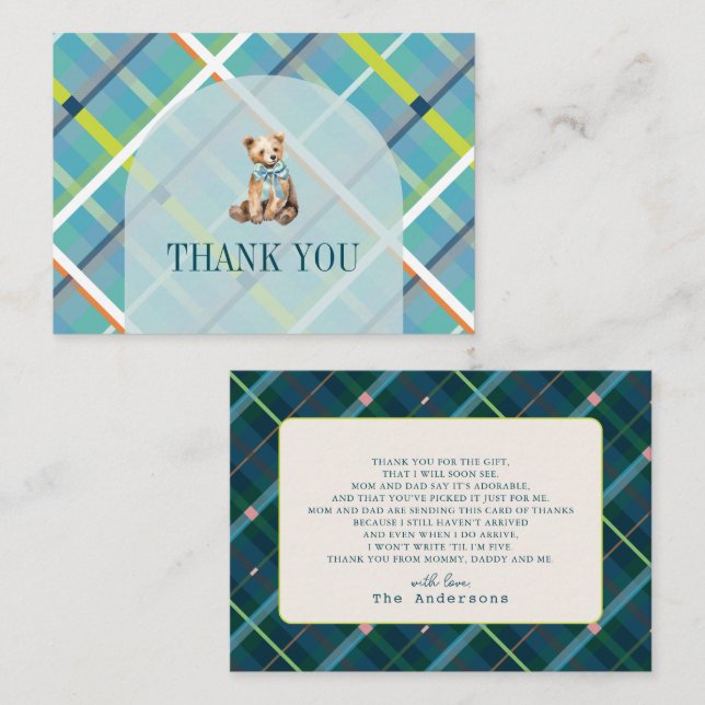 Tarjeta Pequeña Baby Shower Turquoise Plaid Teddy Bear Gracias (Anverso / Reverso)