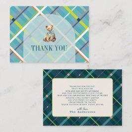 Tarjeta Pequeña Baby Shower Turquoise Plaid Teddy Bear Gracias