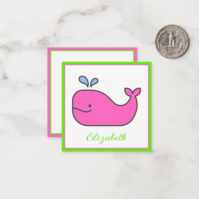 Tarjeta Pequeña Ballena verde y rosa perrito personalizada (Anverso/Reverso In Situ)