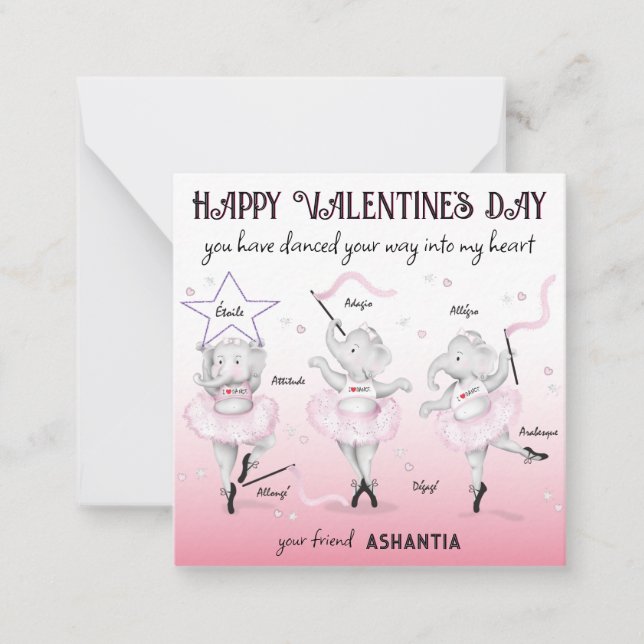 Tarjeta Pequeña Ballerina Elephant Dance Classroom Valentine (Anverso)