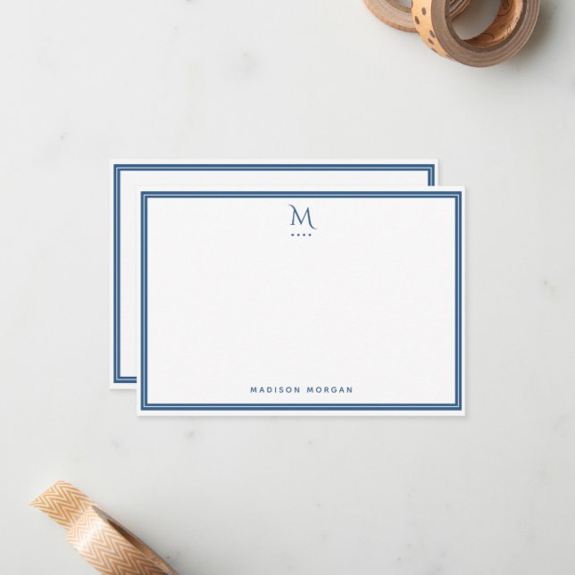 Tarjeta Pequeña Basic Monogram Navy Blue Border Personalized  (Anverso/Reverso In Situ)