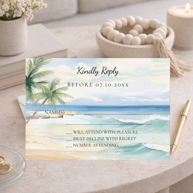 Tarjeta Pequeña Beach tropical watercolor wedding response RSVP (Subido por el creador)