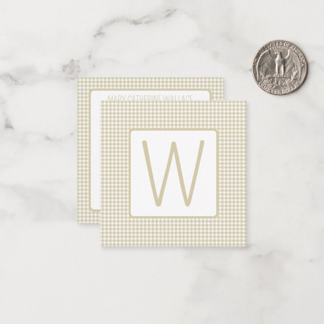Tarjeta Pequeña Beige and White Gingham Plaid Monogram (Anverso/Reverso In Situ)